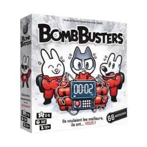 Boîte du jeu Bomb Busters : animaux stressés désamorçant une bombe affichant 00:02. Déduction, coopération et 66 missions.