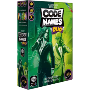 Boîte Codenames Duo, jeu coopératif pour 2 joueurs IELLO avec illustration d'espions en costume.