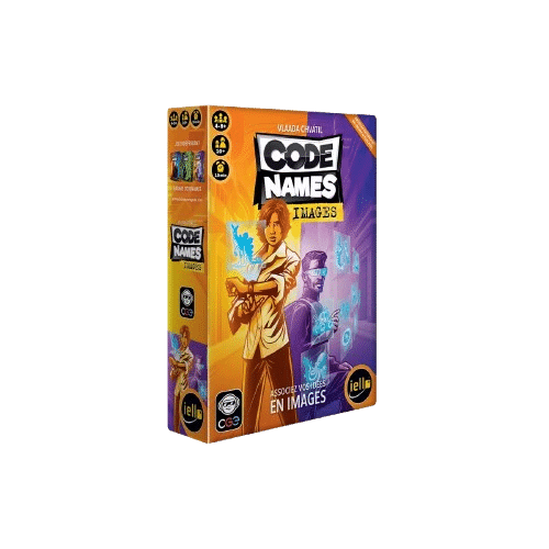 Jeu de société Codenames Images avec deux agents secrets et hologrammes. Texte : Associez vos idées en images.