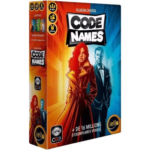 Boîte du jeu Codenames par Vlaada Chvátil, édition Iello. Deux espions sur fond rouge et bleu. +16 millions vendus.
