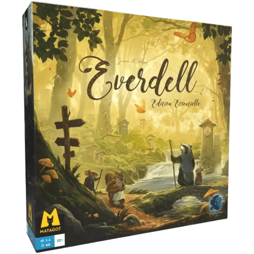 Boîte de jeu Everdell Édition Essentielle : animaux de la forêt et cascade dans un décor enchanteur.