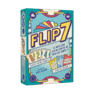 Jeu de cartes Flip 7, stop ou encore. Boîte : Le meilleur jeu de cartes de tous les temps. Dès 8 ans, 20 minutes.