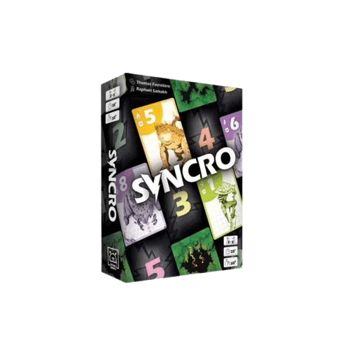 Boîte du jeu Syncro par Thomas Favrelière, montrant des cartes illustrées de monstres et chiffres colorés.