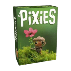 Jeu de société Pixies : une créature gland mignonne tenant une fleur rose sur un tapis de mousse verte décorative.