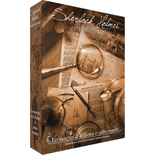 Jeu Sherlock Holmes Détective Conseil : Les meurtres de la Tamise & autres enquêtes. Illustration vintage style sépia.