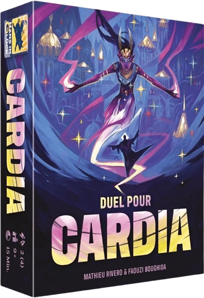 Boîte de jeu Duel pour Cardia, HANS IM GLÜCK. Deux magiciens s'affrontent devant une cité fantastique lumineuse. 2(4) joueurs, 9+, 15 min.