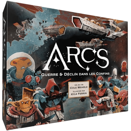 Boîte du jeu ARCS: Guerre & Déclin dans les Confins. Scène spatiale avec vaisseaux en bataille, personnages aliens et humains armés.