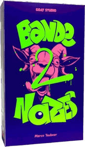 Boîte du jeu de société "Bande 2 Nazes" par GOAT STUDIO et Marco Teubner. Fond bleu nuit, titre vert néon avec chèvre rose folle.