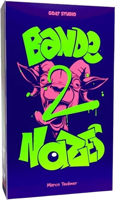 Boîte du jeu de société "Bande 2 Nazes" par GOAT STUDIO et Marco Teubner. Fond bleu nuit, titre vert néon avec chèvre rose folle.