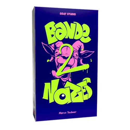 Jeu Bande de Nazes 2, Goat Studio. Boîte bleue, chèvre rose, texte vert fluo. Par Marco Teubner.