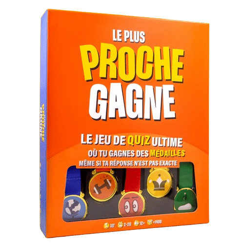 Boîte du jeu Le Plus Proche Gagne. Quiz ultime où tu gagnes des médailles même si ta réponse n'est pas exacte. 2-20 joueurs, 12+, 30 min.