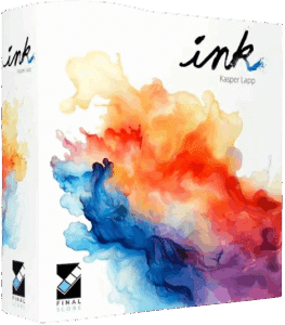 Boîte du jeu de société "ink" de Kasper Lapp, blanche avec des motifs d'encre colorés (rouge, bleu, orange, violet). Logo "FINAL SCORE".