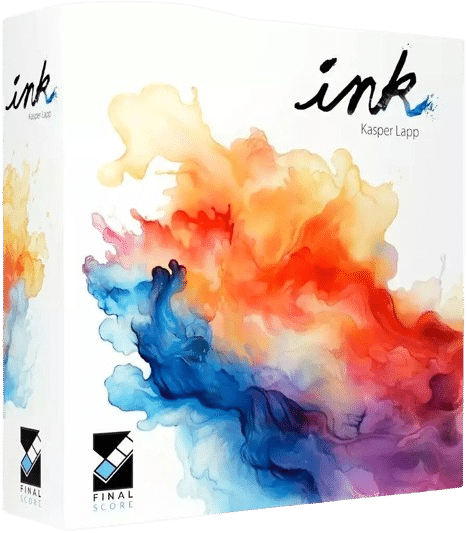 Boîte du jeu de société "ink" de Kasper Lapp, blanche avec des motifs d'encre colorés (rouge, bleu, orange, violet). Logo "FINAL SCORE".