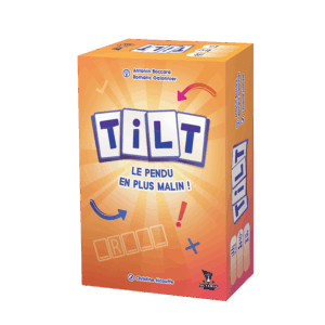 Jeu de société TILT, boîte orange. Le titre "TILT" est affiché avec des lettres sur tuiles. Le slogan est "LE PENDU EN PLUS MALIN !". Créé par Antonin Boccara et Romaric Galonnier, illustré par Christine Alcouffe.