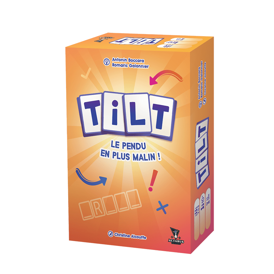 Jeu de société TILT, boîte orange. Le titre "TILT" est affiché avec des lettres sur tuiles. Le slogan est "LE PENDU EN PLUS MALIN !". Créé par Antonin Boccara et Romaric Galonnier, illustré par Christine Alcouffe.