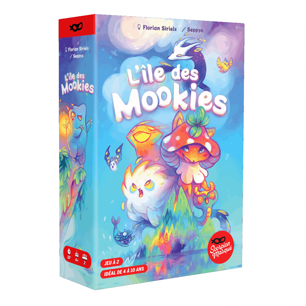 Boîte du jeu L'île des Mookies (Florian Sirieix / Seppyo), avec des créatures fantastiques colorées. Jeu 2 joueurs, 4-10 ans, 10 min. Editeur: Scorpion Masqué.