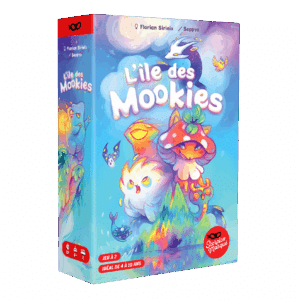 Boîte du jeu L'île des Mookies (Florian Sirieix / Seppyo), avec des créatures fantastiques colorées. Jeu 2 joueurs, 4-10 ans, 10 min. Editeur: Scorpion Masqué.