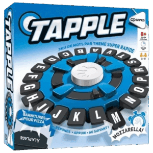 Boîte du jeu de mots TAPPLE, plateau circulaire bleu avec lettres noires. Texte: 'JEU DE MOTS PAR THÈME SUPER RAPIDE', '8+', '2-8 joueurs'. Promet action rapide: 'Réponds • Appuie • Au Suivant!'