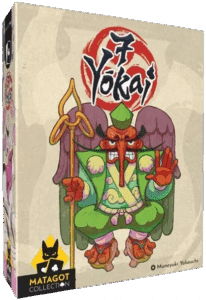 Boîte du jeu Yōkai (MATAGOT COLLECTION) par Muneyuki Yokouchi. Un Tengu menaçant en robe verte au long nez rouge lève la main.