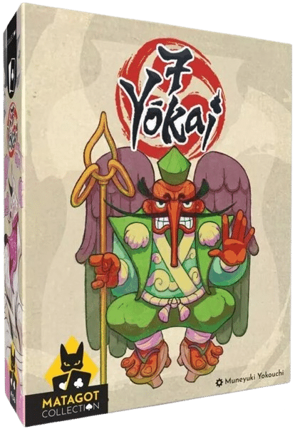 Boîte du jeu Yōkai (MATAGOT COLLECTION) par Muneyuki Yokouchi. Un Tengu menaçant en robe verte au long nez rouge lève la main.