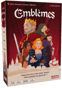 Boîte du jeu de société Emblèmes : un roi, une reine, des personnages intrigants et la question : Jusqu'où irez-vous pour mener votre famille au pouvoir ?