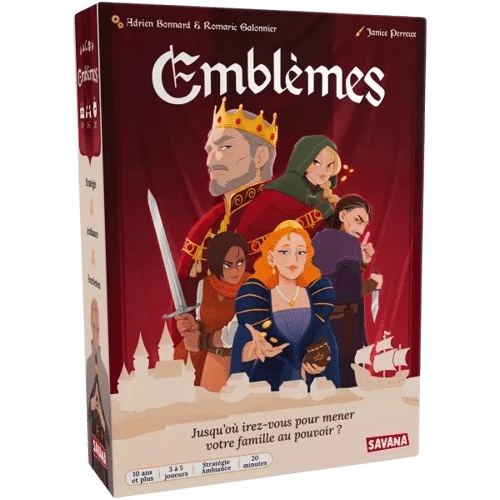 Jeu de société Emblèmes par Savana : personnages médiévaux et stratégie pour mener sa famille au pouvoir.