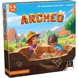 Jeu ARCHE-O (5-9 ans). Deux enfants en pleine fouille archéologique coopérative découvrent des fossiles de dinosaure. Fouilles et coopération.