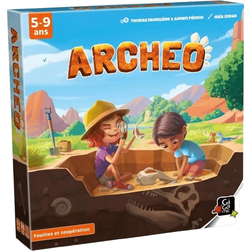 Jeu ARCHE-O (5-9 ans). Deux enfants en pleine fouille archéologique coopérative découvrent des fossiles de dinosaure. Fouilles et coopération.