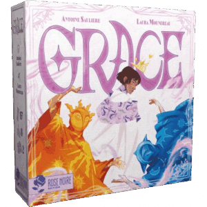 Boîte du jeu de société GRACE (Antoine Saulliere, Laura Mounereau). Une reine et deux puissantes figures magiques, solaire et lunaire, sur fond rose.
