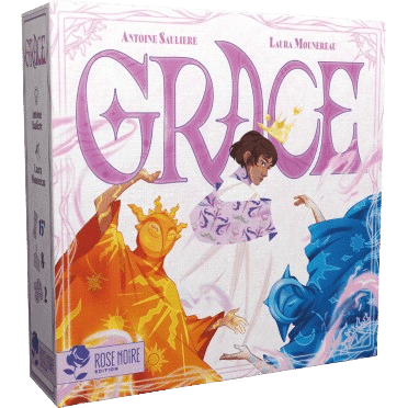 Boîte du jeu de société GRACE (Antoine Saulliere, Laura Mounereau). Une reine et deux puissantes figures magiques, solaire et lunaire, sur fond rose.