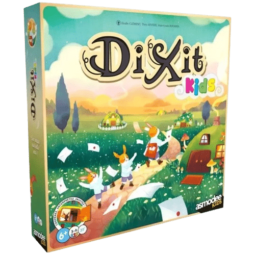 Boîte du jeu Dixit Kids d'Asmodee : lapins joyeux semant des lettres dans un décor féerique au soleil couchant.