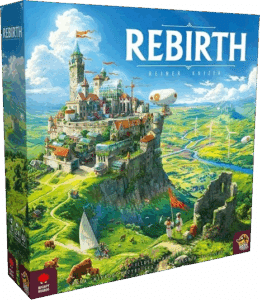 Rebirth, le jeu de Reiner Knizia. Cité-château épique perchée sur une colline, entourée de pâturages, éoliennes et un dirigeable.