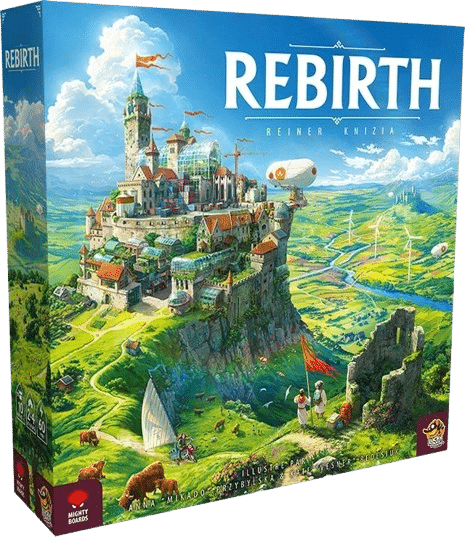 Rebirth, le jeu de Reiner Knizia. Cité-château épique perchée sur une colline, entourée de pâturages, éoliennes et un dirigeable.