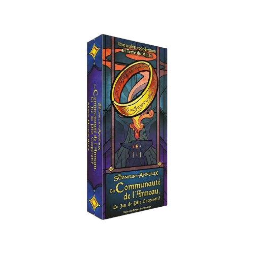 Boîte du jeu Le Seigneur des Anneaux : La Communauté de l'Anneau, jeu de pli coopératif. Vitrail de l'Anneau Unique au-dessus de la forge.