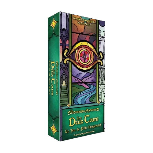 Boîte de jeu Le Seigneur des Anneaux : Les Deux Cours (The Two Towers). Œil de Sauron en vitrail. Jeu de Plis Coopératif. "La quête coopérative se poursuit !".
