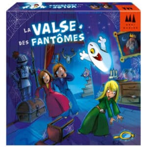 La Valse des Fantômes : Couverture de jeu. Trois enfants surpris dans un château sombre face à un fantôme blanc.