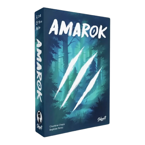 Boîte du jeu AMAROK (Sklaventi). Trois griffures blanches déchirent l'illustration de forêt nocturne. 2-6 joueurs, 15 min, 8+