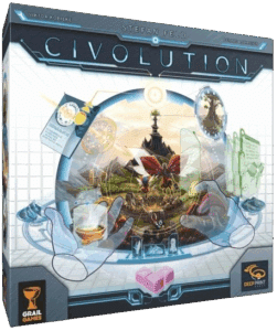 Boîte de jeu CIVOLUTION (Viktor Kobilke, Stefan Feld). Mains holographiques manipulant une civilisation fantastique, données scientifiques et jetons roses.