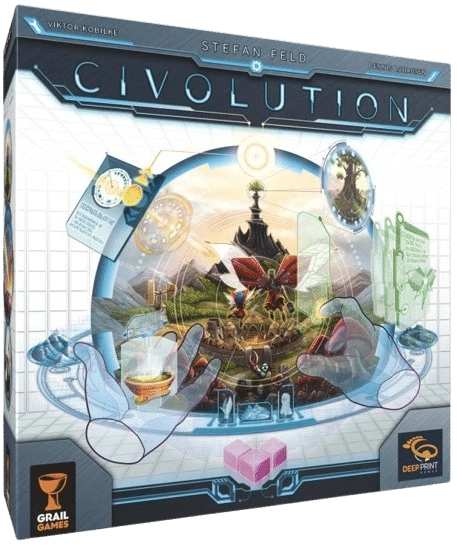 Boîte de jeu CIVOLUTION (Viktor Kobilke, Stefan Feld). Mains holographiques manipulant une civilisation fantastique, données scientifiques et jetons roses.