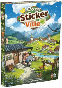 Boîte de jeu de société "Cozy Sticker Ville" (1-6 joueurs) : village alpin idyllique, fermier souriant, animaux, et montagnes enneigées.