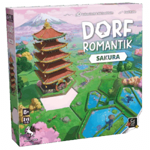 Boîte du jeu de société "Dorf Romantik Sakura". Représente une pagode japonaise, le Mont Fuji et des rizières hexagonales.