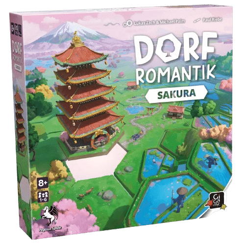 Boîte du jeu de société "Dorf Romantik Sakura". Représente une pagode japonaise, le Mont Fuji et des rizières hexagonales.