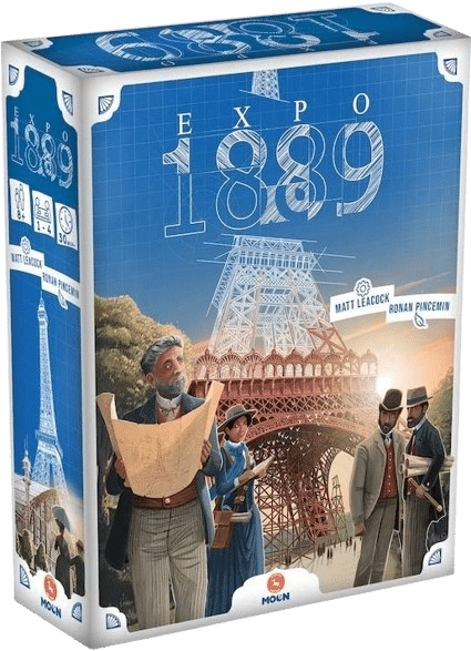 Boîte du jeu de plateau EXPO 1889. Des ingénieurs regardent des plans devant la Tour Eiffel en construction, fond style blueprint.