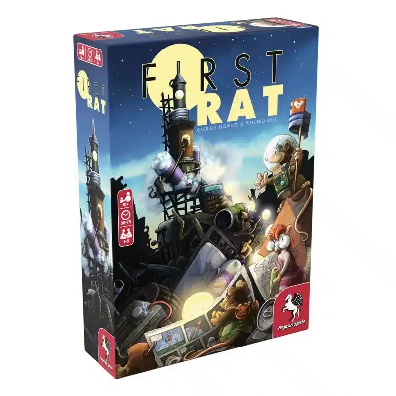 Boîte de jeu First Rat. Rats astronautes et scientifiques explorant un monde de ferraille sous la lune. Pegasus Spiele. 1-5 joueurs, 10+, 30-75 min.