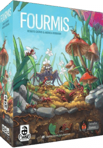 Boîte du jeu FOURMIS. Fourmis rouges et araignée dans un décor miniature d'herbes et de champignons. Par R. Ciervo & A. Robbiani.