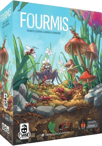 Boîte du jeu FOURMIS. Fourmis rouges et araignée dans un décor miniature d'herbes et de champignons. Par R. Ciervo & A. Robbiani.