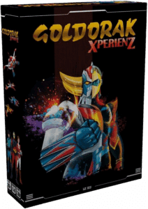 Boîte du jeu Goldorak Xperienz. Le robot géant est illustré de manière stylisée et éclatée de couleurs sur fond noir. Actarus et vaisseaux visibles sur le côté.