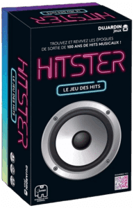 Boîte du jeu musical HITSTER (Le Jeu des Hits) par Dujardin. Titre néon rose, un grand haut-parleur argenté. Trouvez l'époque de 100 ans de hits musicaux.