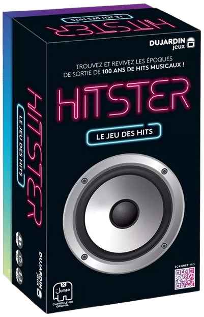 Boîte du jeu musical HITSTER (Le Jeu des Hits) par Dujardin. Titre néon rose, un grand haut-parleur argenté. Trouvez l'époque de 100 ans de hits musicaux.