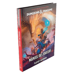 Couverture du Manuel des Joueurs Dungeons & Dragons (français). Un dragon doré menaçant surplombe des aventuriers combattants.